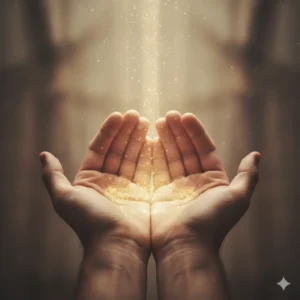 Mãos abertas recebendo luz, representando a cura do sentimento de não merecimento através da terapia.