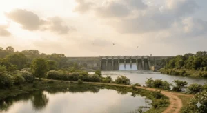 Água fluindo calmamente de uma comporta aberta, simbolizando o alívio da pressão emocional através da terapia.