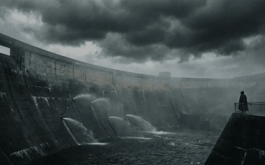 Parede de uma represa sob pressão com pequenas rachaduras, simbolizando a ansiedade prestes a estourar.