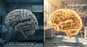 Comparação entre um cérebro inativo pela depressão e um cérebro iluminado após o tratamento.