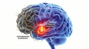 Ilustração 3D do cérebro com o centro de alerta ativado e a área de aprendizado apagada.