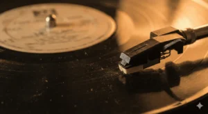 Agulha de vitrola presa no mesmo sulco do disco, girando sem sair do lugar.