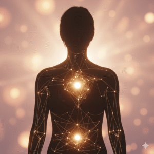 Silhueta humana com pontos de luz conectando mente e corpo, representando a eliminação de dores psicossomáticas.