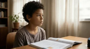 Criança olhando para o nada com um livro aberto à sua frente, ilustrando a desatenção causada por bloqueios.