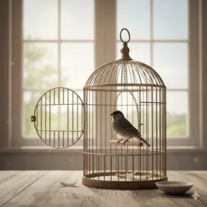 Pássaro dentro de uma gaiola aberta que não voa, simbolizando a habituação ao mínimo e crenças limitantes.