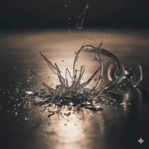 Copo de vidro quebrando no chão, representando a fragilidade emocional e reações explosivas a pequenos problemas.