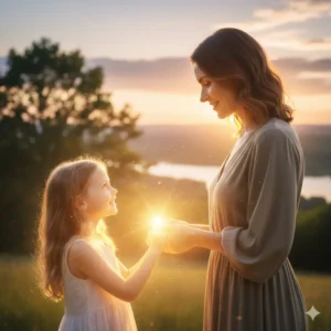 Representação artística de uma mulher adulta acolhendo sua versão criança, simbolizando o encontro com o passado que ainda vive no presente.