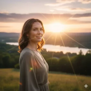 Mulher confiante olhando para o horizonte iluminado, representando o Método do Futuro e a libertação dos medos.