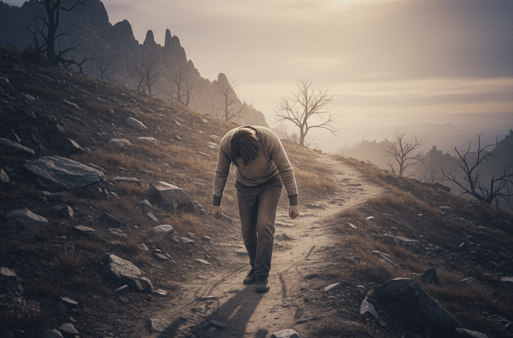 Pessoa caminhando com dificuldade, simbolizando o peso invisível de traumas não resolvidos.