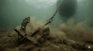 Uma âncora enferrujada presa no fundo de um rio, simbolizando como traumas passados travam a vida.
