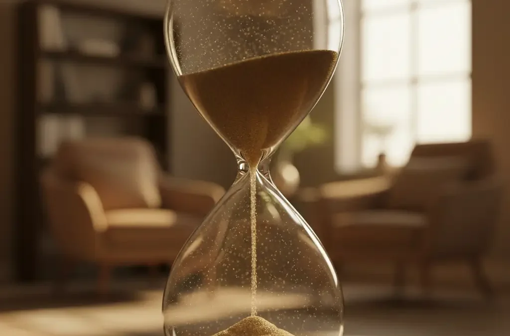 Uma ampulheta ou relógio antigo em um ambiente sereno, simbolizando a passagem do tempo e a persistência da memória na mente humana.