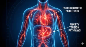 Ilustração do sistema nervoso humano brilhando em vermelho, mostrando a tensão física causada pela ansiedade.