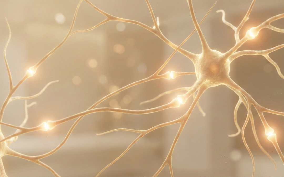 Ilustração artística de uma rede neural se organizando e iluminando, representando o reprocessamento cerebral na TRG.