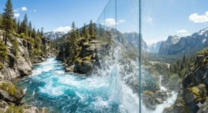 Um rio forte e iluminado batendo em uma parede de vidro invisível, representando o bloqueio do fluxo de prosperidade.