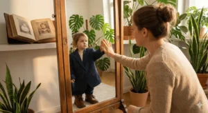 Adulto olhando no espelho em uma sala bem iluminada e vendo seu reflexo como uma criança assustada em roupas sociais.